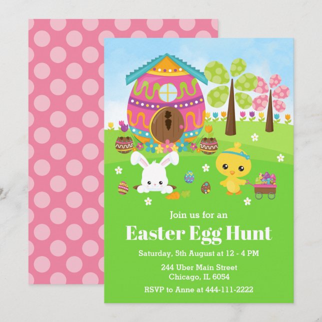 Invitation Jeu de chasse aux oeufs de Pâques lapin et poussin (Devant / Derrière)
