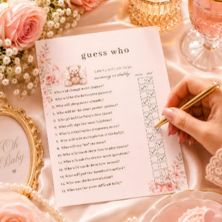 Invitation Jeu de devinette pour Baby Shower Ourson Rose