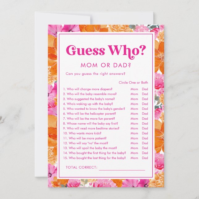 Invitation Jeu de devinette Rose et floral pour Baby Shower (Devant)
