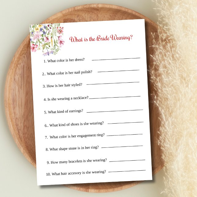 Invitation Jeu de Fête des mariées Qu'est-ce que l'épouse por (Bridal Shower Game 5x7 card- What is the Bride Wearing)