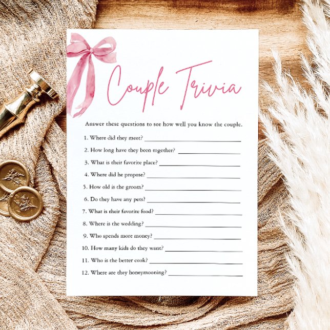 Invitation Jeu de Fête des mariées Trivia Push Pink Bow Coupl (Blush Pink Bow Couple Trivia Bridal Shower Game)