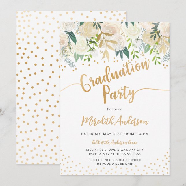 Invitation Jeu de graduation Confetti en or floral moderne (Devant / Derrière)