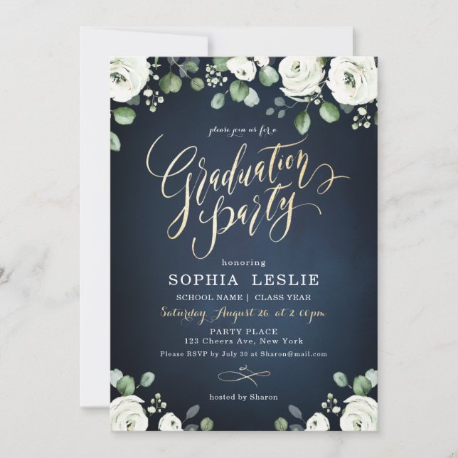 Invitation Jeu de graduation florale blanche marine (Devant)