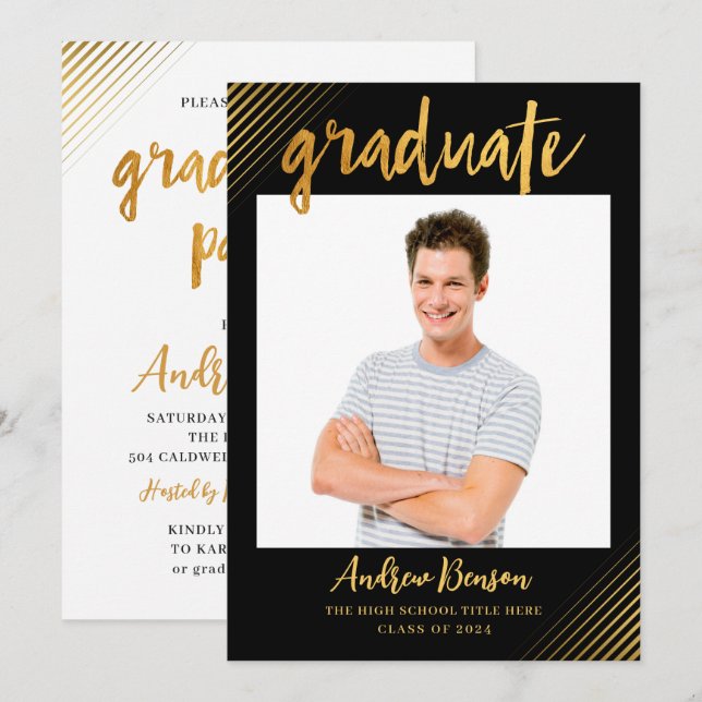 Invitation Jeu de graduation photo de script Black & Gold mod (Devant / Derrière)