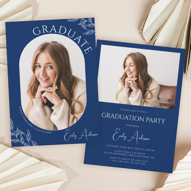 Invitation Jeu de graduation photo moderne Leaf Navy Blue 2 (Créateur téléchargé)