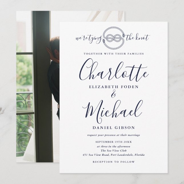 Invitation Jeu de Jeu Marine Bleu Script Photo Mariage nautiq (Devant / Derrière)