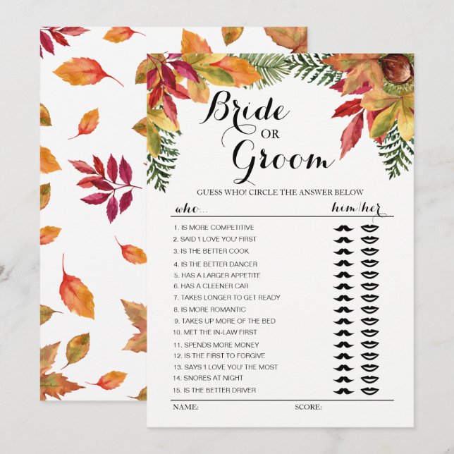 Invitation Jeu de la mariée ou du marié, feuillage d'automne  (Devant / Derrière)