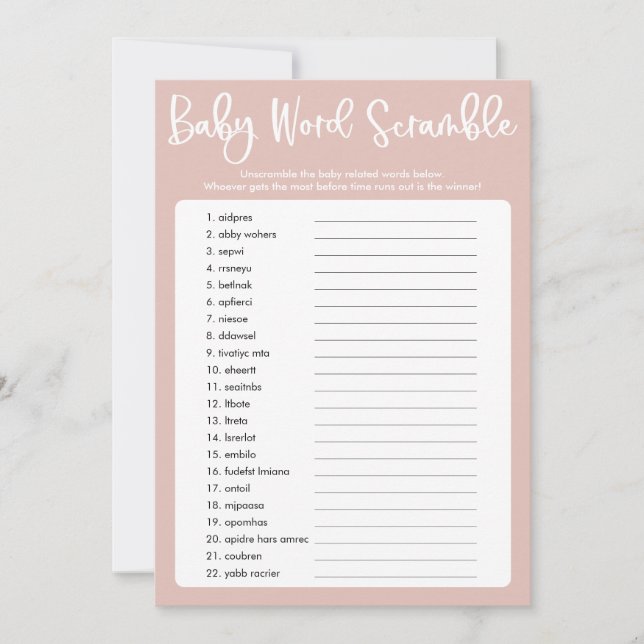 Invitation Jeu de mots de baby shower moderne rose pâle (Devant)