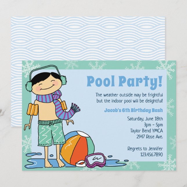 Invitation Jeu de piscine d'hiver Cheveux noirs Garçon nage i (Devant / Derrière)
