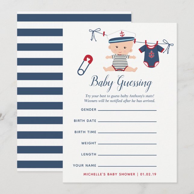 Invitation Jeu de prédictions de Baby shower de bébé nautique (Devant / Derrière)