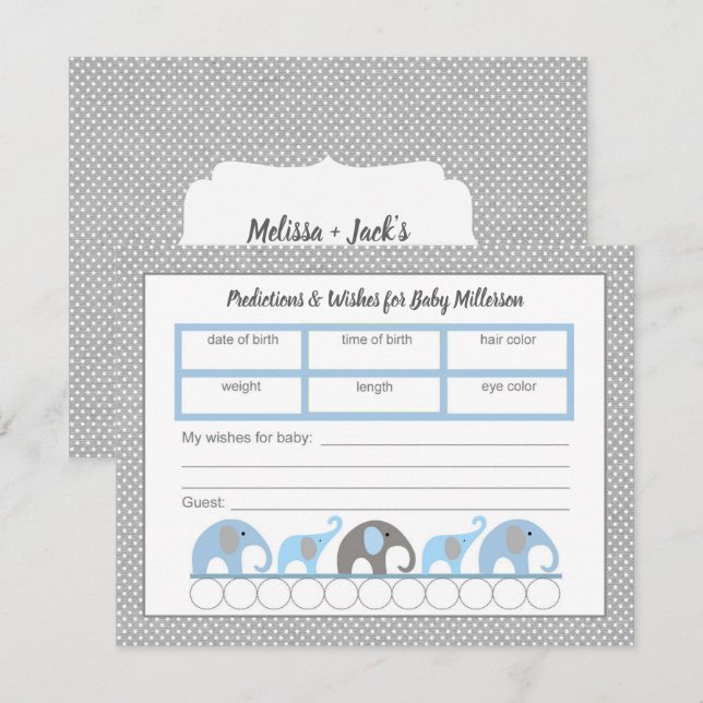 Invitation Jeu de prédictions du Baby shower des éléphants bl (Devant / Derrière)