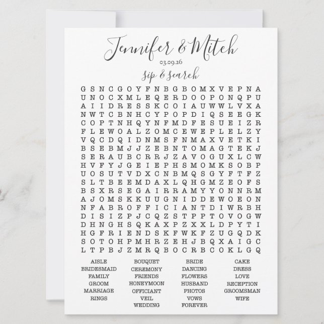 Invitation Jeu de recherche de mot de réception de mariage, j (Devant)