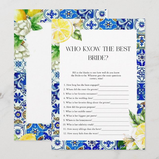 Invitation Jeu de Shower pour Mariage Carrelage Bleu Citron (Devant / Derrière)