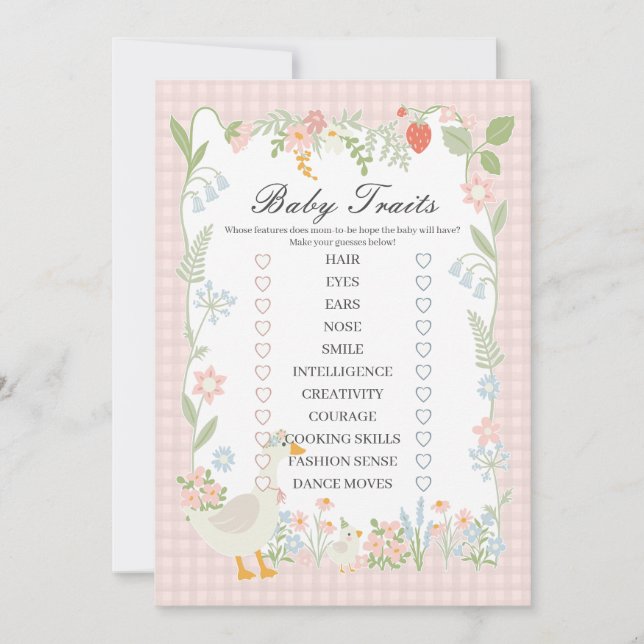 Invitation Jeu de traits de bébé en gingham floral d'oie farf (Devant)