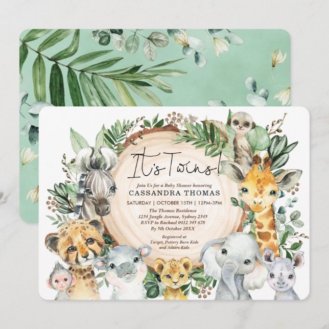 Invitation Jeu de verdure Jungle Animaux Jumeaux Baby shower (Devant / Derrière)