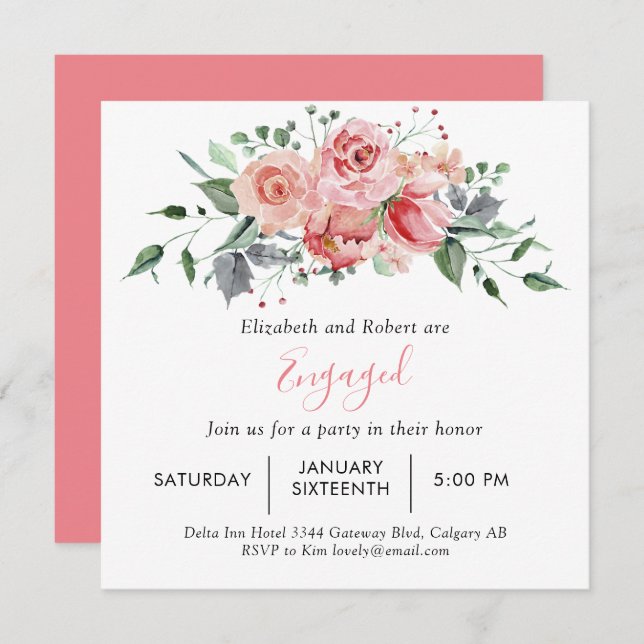Invitation Jeu d'engagement Blush Rose Script Floral (Devant / Derrière)