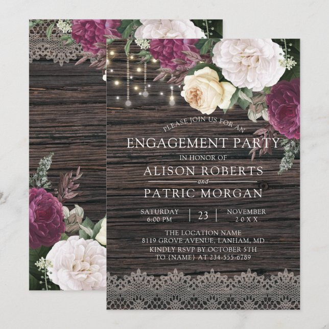 Invitation Jeu d'engagement de dentelle florale en bois rusti (Devant / Derrière)