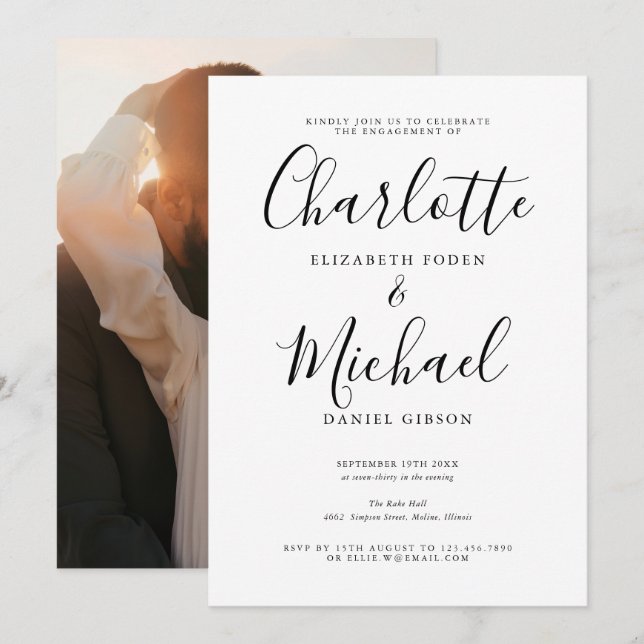 Invitation Jeu d'engagement photo de script élégant moderne (Devant / Derrière)