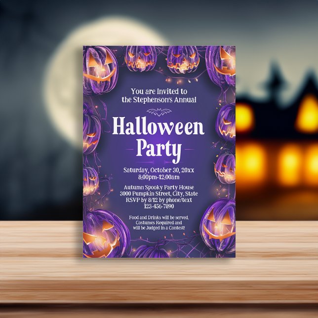 Invitation Jeu d'Halloween violet Jack-O-lanterne (purple fairy lights halloween invitation)