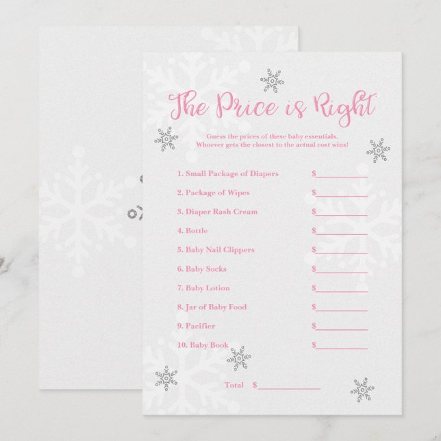 Invitation Jeu flocon de neige rose et argent The Price is Ri (Devant / Derrière)