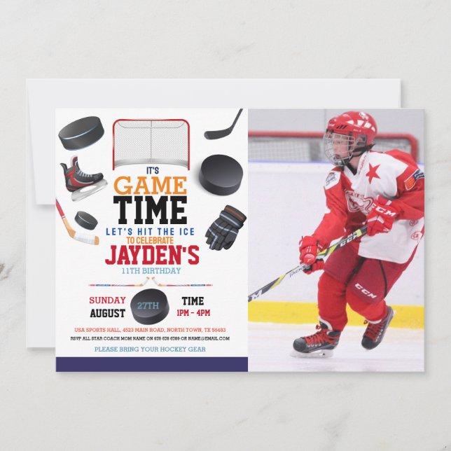 Invitation Jeu Heure Hockey sur glace Sports Photo Anniversai (Devant)