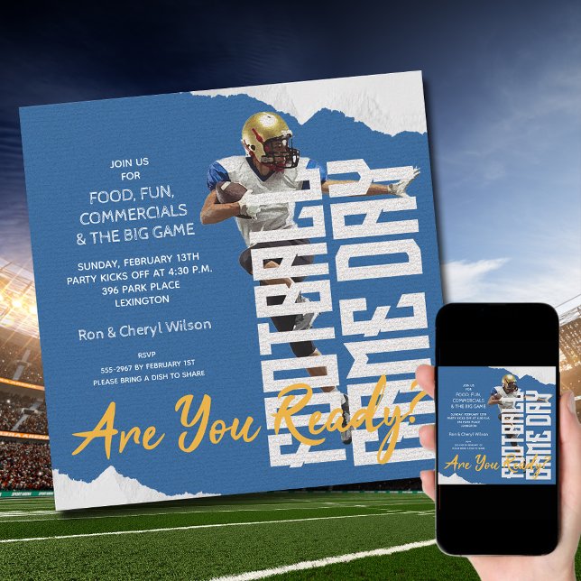 Invitation Jeu Joueur de football Jour Bleu (Order INSTANT DOWNLOAD to send digitally or PRINTED cards to mail or both!
)
