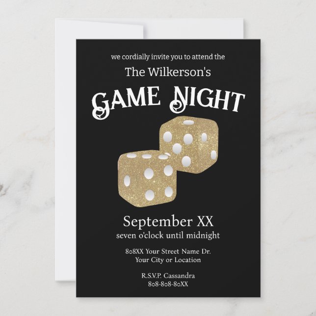 Invitation Jeu Night Gold Parties scintillant Dice sur Black (Devant)
