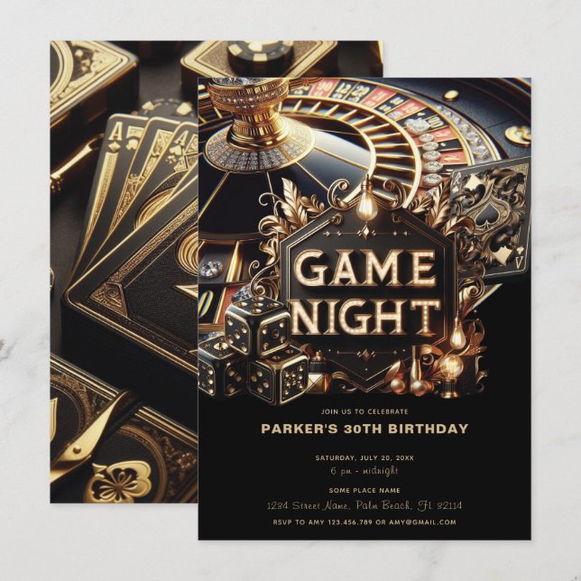 Invitation Jeu Night Party Casino Anniversaire (Devant / Derrière)