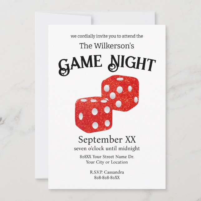 Invitation Jeu Nuit Rouge Parties scintillant Dice (Devant)