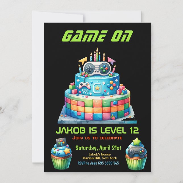 Invitation Jeu Nuit Vidéo Gamer Cake Anniversaire de enfant P (Devant)