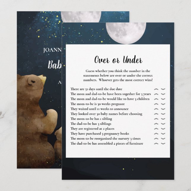Invitation Jeu Ours Over ou Under Baby shower (Devant / Derrière)
