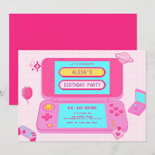 Invitation Jeu rétro rose  (Devant / Derrière)