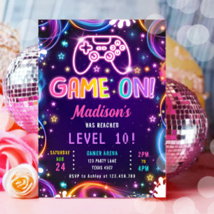 Invitation Jeu Sur Gamer Jeux Vidéo Neon Glow Girl Anniversai