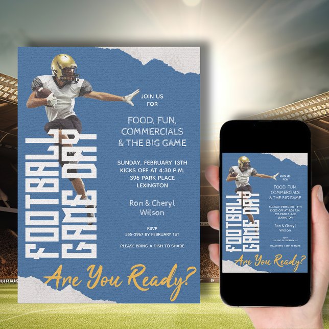 Invitation Jeu sur le joueur de football sur le bleu (American Football Player on Blue Bowl Game Invitations - order INSTANT DOWNLOAD, PRINTED or both!)