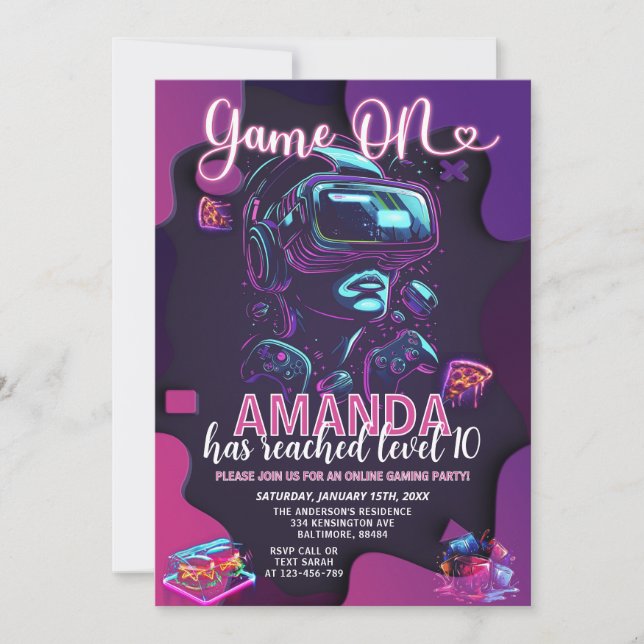 Invitation Jeu Sur Neon Glow Level Up Vidéo Jeu Anniversaire (Devant)