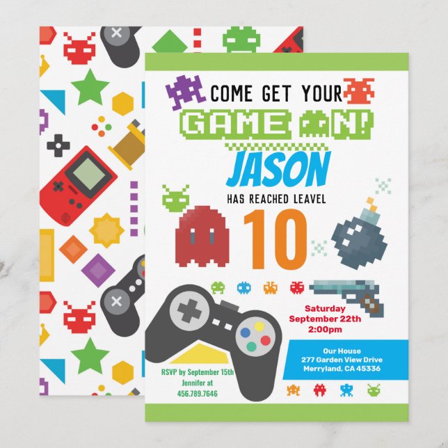 Invitation Jeu Sur Vidéo Jeu Anniversaire (Devant / Derrière)