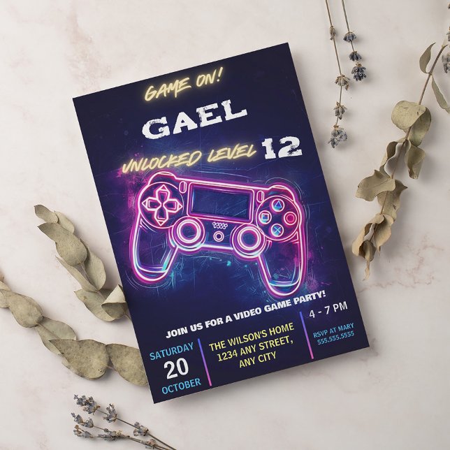 Invitation Jeu Vidéo Anniversaire Fête Neon Jeu Sur Déverroui (Créateur téléchargé)