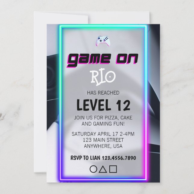 Invitation Jeu Vidéo Anniversaire Fête Neon Jeu sur niveau ve (Devant)