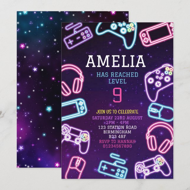 Invitation Jeu vidéo fête d'anniversaire (Devant / Derrière)