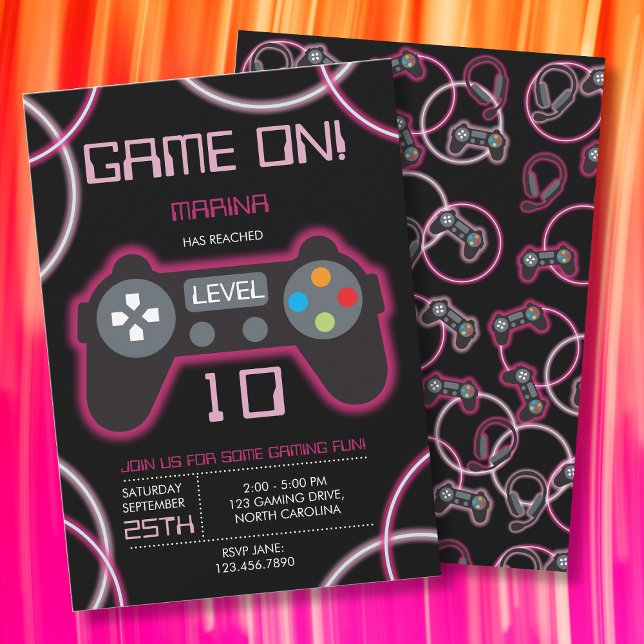Invitation Jeu vidéo Neon rose Fille fête d'anniversaire (Video Game Neon Pink Girl Birthday Party Invitation)