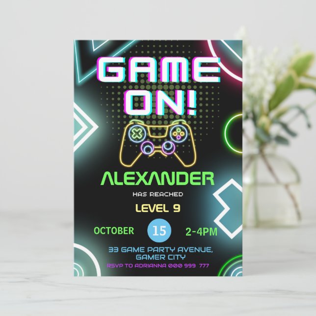 Invitation Jeu Vidéo Sur Gamer Kids Boy Neon Anniversaire (Debout devant)