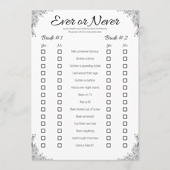 Invitation Jeu Wedding shower lesbien, jamais ou jamais (Devant)