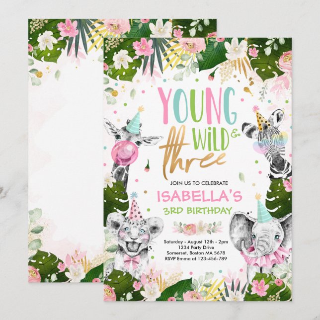 Invitation Jeune Fête Wild Et Trois Ans Safari Animaux (Devant / Derrière)