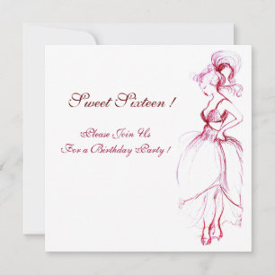 Invitation JEUNE FILLE BLANCHE DOUCE 16 FÊTE, rouge rose blan