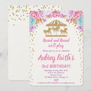Invitation Jeune fille d'invitation au carousel rose et or