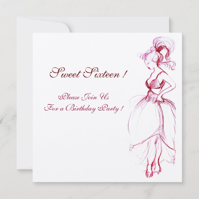 Invitation JEUNE FILLE DOUCE 16 FÊTE D'ANNIVERSAIRE Rouge Ros (Devant)