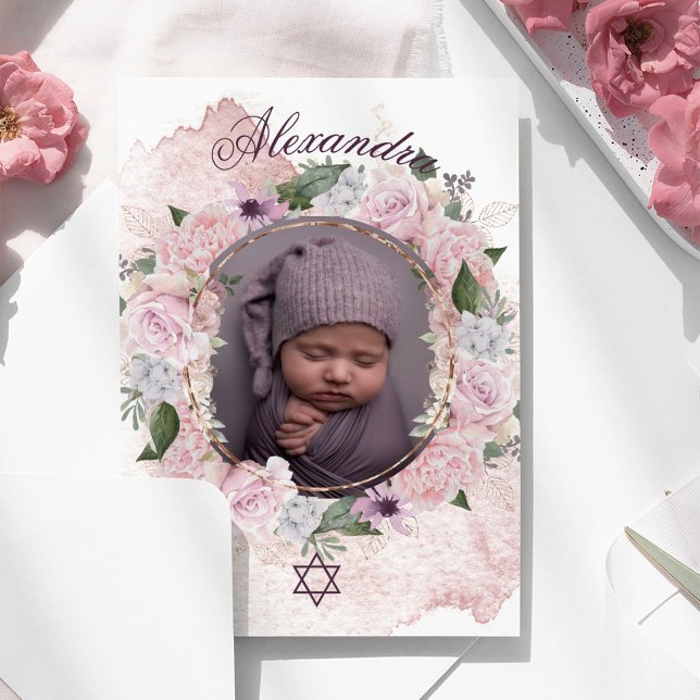 Invitation Jeune Fille Juive Bébé Nommer Photo Roses Roses Ro (Créateur téléchargé)