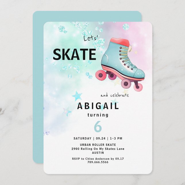 Invitation Jeune fille Roller Ski Turquoise fête d'anniversai (Devant / Derrière)