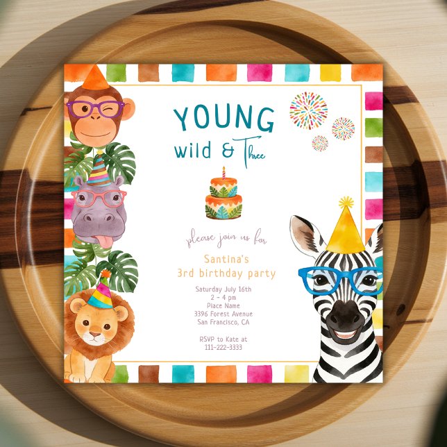 Invitation Jeune Sauvage Et Trois Animaux Drôles 3ème Anniver (Créateur téléchargé)