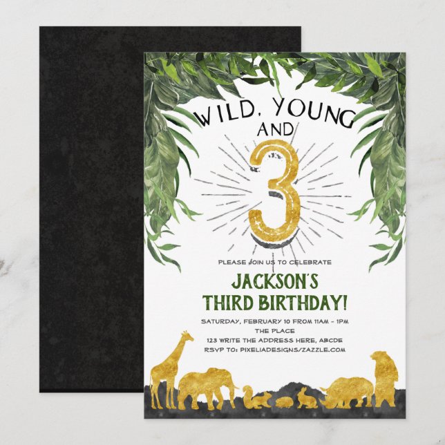 Invitation Jeune sauvage et trois ans, animal de la jungle, 3 (Devant / Derrière)
